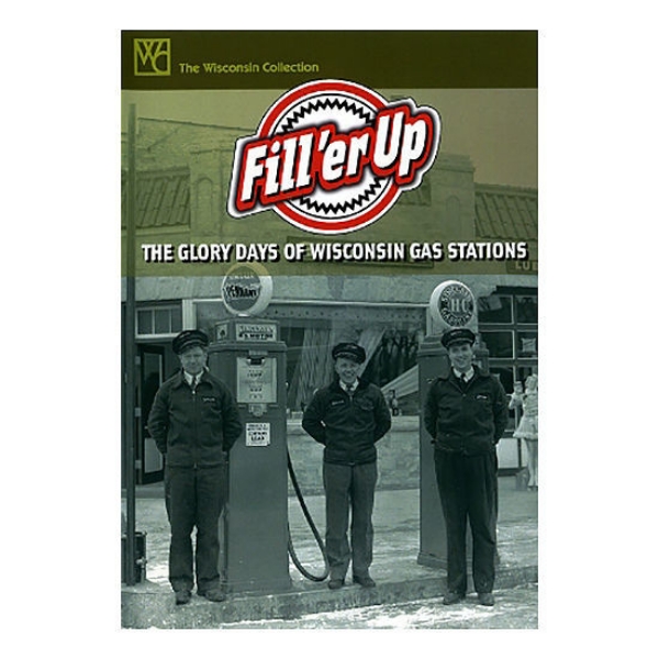 Fill'er Up book cover featuring black and white image of men standing at gas station waiting to fill up visitors cars