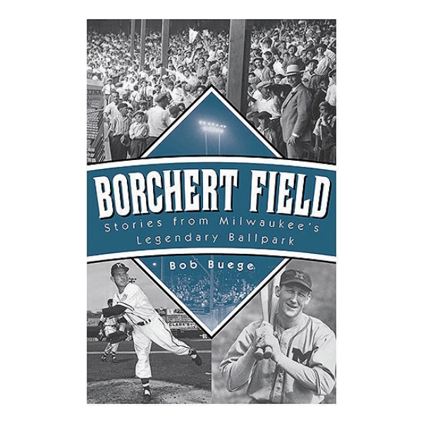 Borchert Field featuring old black and white images of baseball players and fans