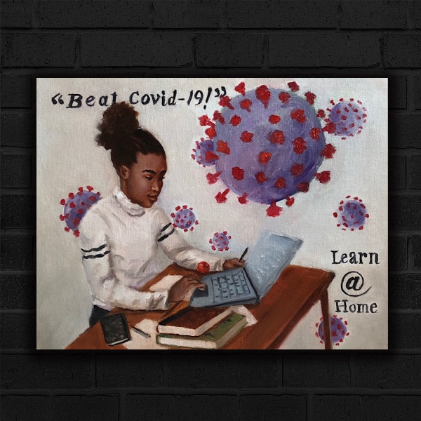 Jerry Jordan's Learn At Home Poster featuring a young black girl at a table full of books and computer looking engaged in her studies