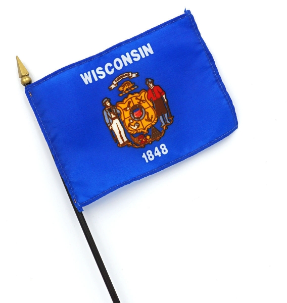 Wisconsin Flag Minature with Blue Wisconsin flag connected to black stick