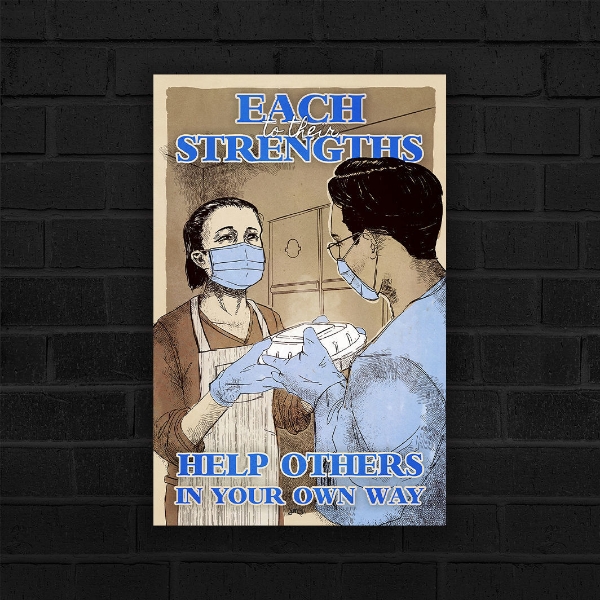 To Each Their Strengths by Jolyn Sandford Poster, featuring an Asian woman handing food to a dark haired person, lots of blues, reminiscent of WWII Nursing Posters