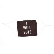 Black cloth mask with white ties. The mask text is white and reads "I will vote"