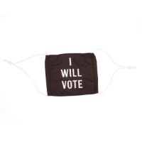 Black cloth mask with white ties. The mask text is white and reads "I will vote"