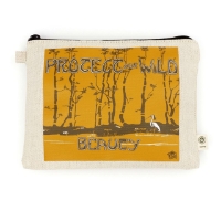 A tan colored hemp pouch with a large illustrated image of a white crane walking through a brown forest with an orange-brown background. In a vintage looking bubble font the text reads "Protect our Wild Beauty".