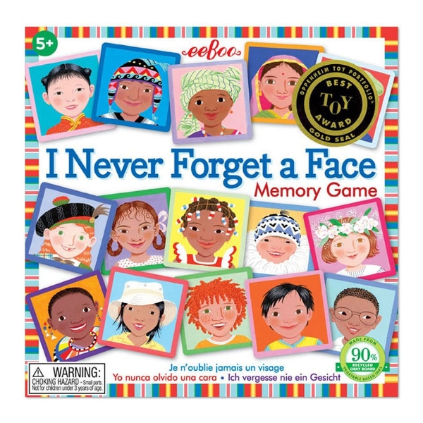 Never Forget a Face Memory Game front of box with many different faces of cards laid out.