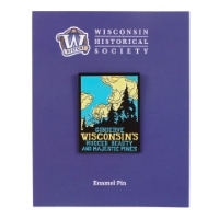 This option of the pin has an illustration of a blue sky, with billowing clouds and black pine trees with the text "Conserve Wisconsin's Rugged Beauty and Majestic Pines" underneath.