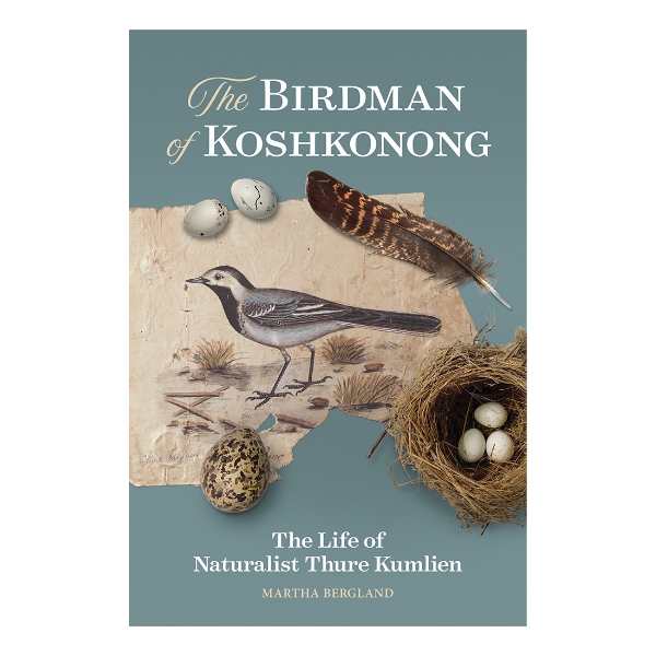 The Birdman of KoshKonong book cover featuring bird, feather, egg, and bird nest with eggs in front of blue background