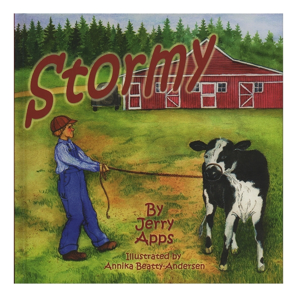 Stormy book cover featuring illustration of farmer holding cow on rope