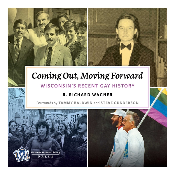 Coming Out, Moving Forward Audiobook cover featuring various illustrations of Wisconsin folks both in black and white and colored images