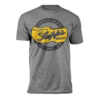 Frontside of a grey crewcut t-shirt showing the Seipp's Beer logo.  A black ribbon in a circle says "Conrad Seipp, Chicago, U.S." and inside the circle is a yellow clog with the cursive text "Seipp's Beer, Hollander Brand"