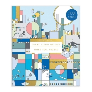 Frank Lloyd Wright City by the Sea Puzzle with geometric design of various shades of blue and gold.