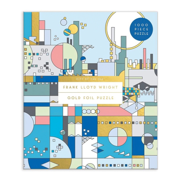 Frank Lloyd Wright City by the Sea Puzzle with geometric design of various shades of blue and gold.