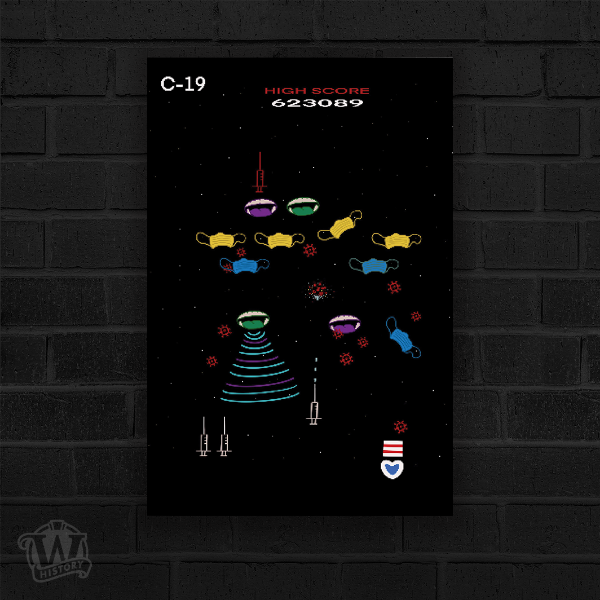 Covid-19 poster by Jay Ramirez using a vintage video game theme to create the imagery of a virus being defeated by a vaccine and other safety measures. Featured are several pixelated face masks, coronus viruses, and syringes on a black background.