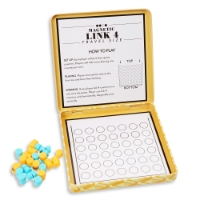 Magnetic Link 4 Travel Game open with information on how to play in upper half and open, white circles filling bottom half. Orange and blue checker counters on side.