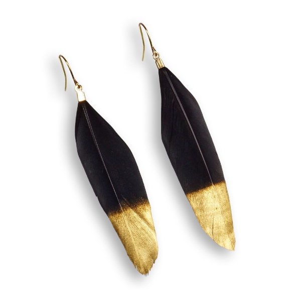 Two black feather earrings with gold painted tips and gold shephard hooks.