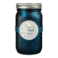 Blue Mason jar featuring basil label.