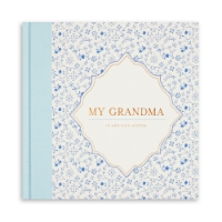 My Grandma journal cover with gold lettering and dark blue flower pattern. Hardcover spine is light blue.