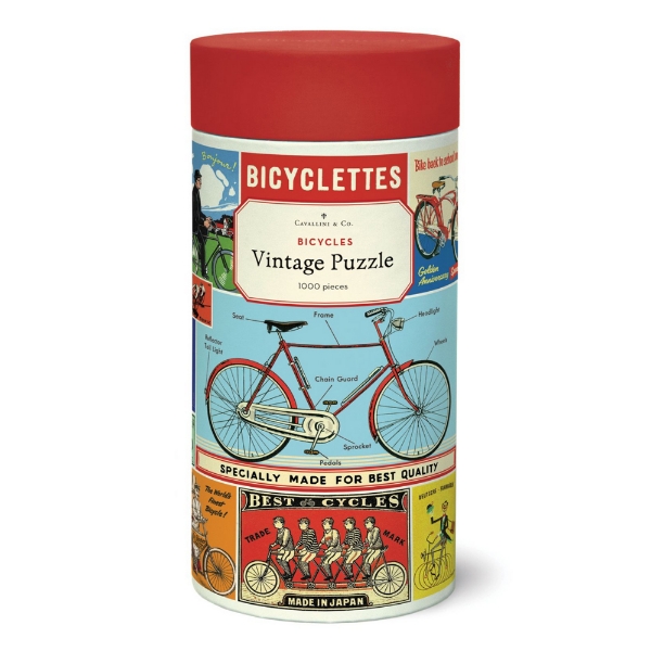 Puzzle canister with the word "Bicyclettes" at the top and colorful, vintage advertising illustrations of bicycles. 