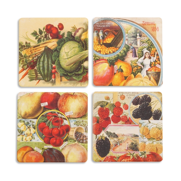 Four ceramic stone coasters with vintage produce illustrations