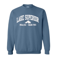 Lake Superior sweatshirt, dusty blue. Caption under the arching "Lake Superior" banner reads "Unsalted and Shark Free."