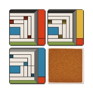 Four square beverage coasters with rectangular designs by Frank Lloyd Wright. Onc coaster is overturned to show the cork backing.