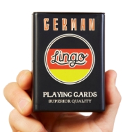 Black tin box of German Lingo playing cards.