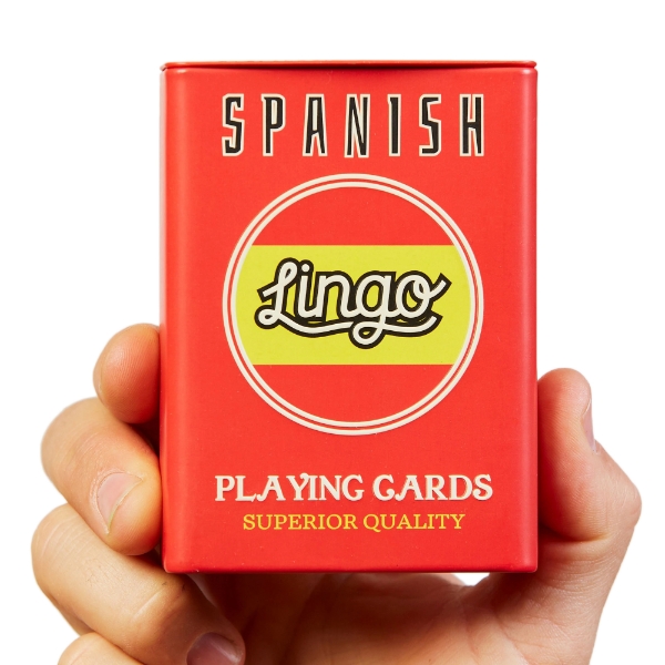 Red storage tin holding a deck of Lingo playing cards, the Spanish version.