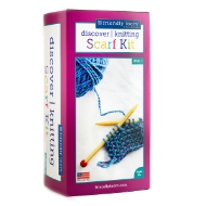 Quick to Knit Scarf - Cover of box showing blue knitted scarf and wooden knitting needles.