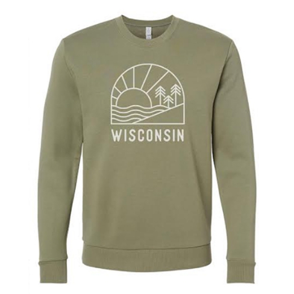 Wisconsin Sunrise Eco Cozy Crew Sweatshirt image featuring green sweatshirt and white lined graphic of a sunrise over the water with pine trees and big "Wisconsin" underneath.