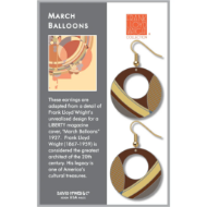 Two brown, circular earrings in clear packaging with information card. The earrings have abstract art design by Frank Lloyd Wright and gold shepherd hooks. 