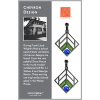 Two short dangle earrings with Modern Frank Lloyd Wright chevron design with blue glass bead in lower corner. Shown on packaging display card.  