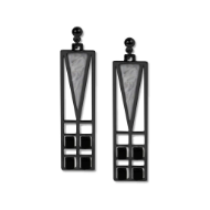 Two rectangular dangle earrings with Frank Lloyd Wright stained glass window design. Gray elongated triangle and 4 black glass beads.