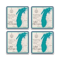 Four square ceramic coasters with detailed topographic map illustration of Lake Michigan