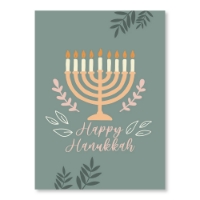 Happy Hanukkah Menora Card front with greenish gray background and illustration of tan menorah with lit candles. 