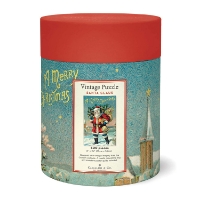 Back side of Santa Claus puzzle cylinder showing image of completed puzzle with information about packaging. 