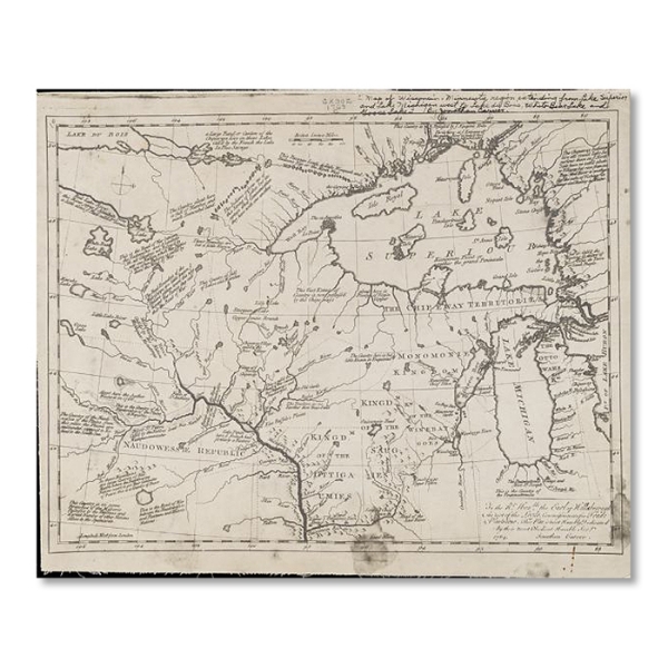 Map of Wisconsin-Minnesota region dating from 1769 and predating state borders. Black ink on aged, yellowed paper. Some hand-written notes on bottom. 