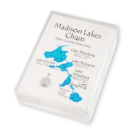 Deck of playing cards boxed in clear plastic box. The cards have an illustration of Madison Wisconsin's chain of four lakes. Each lake is labeled.