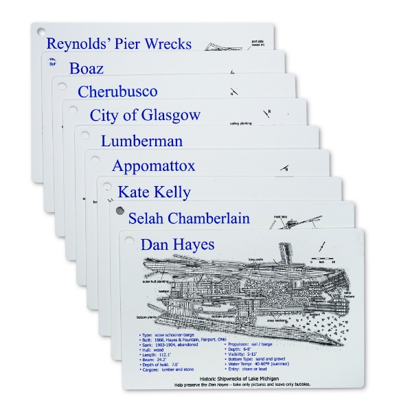 	Lake Michigan Shipwrecks set 1 featuring cards for 7 ships which include graphics and info for each. 7 cards aligned together with hole punched in corner.