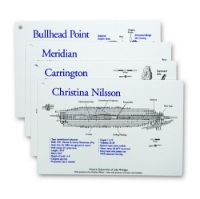 Lake Michigan Shipwrecks set 1 featuring cards for 4 ships which include graphics and info for each. 4 cards aligned together with hole punched in corner.