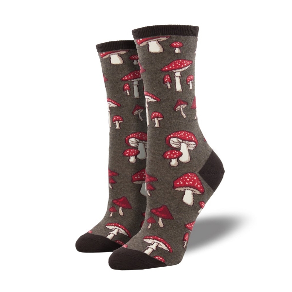 Fungi Fanatic Sock in dark grey featuring red mushrooms in different sizes. Top edge, heel, and toe are black. 