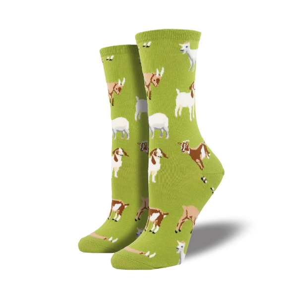 Silly Bill sock in lime green featuring a variety of different goats and hoofprints. 