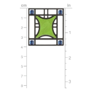 Square lapel pin with gren design inpsired by Louis Sullivan leaded window.  Shown next to ruler to show size of approx. 1.5" x 1.5"