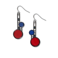 Two polished metal dangle earrings with asymetrical design featuring lower, larger red circle and smaller blue circle above.