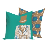 Two square decor pillows with colorful circus theme prints in teal, blue and tan