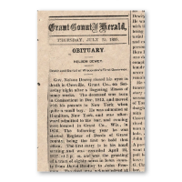 Newspaper clipping of obituary for former Wisconsin Governor Nelson Dewey, dated July of 1889.