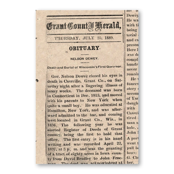 Newspaper clipping of obituary for former Wisconsin Governor Nelson Dewey, dated July of 1889.