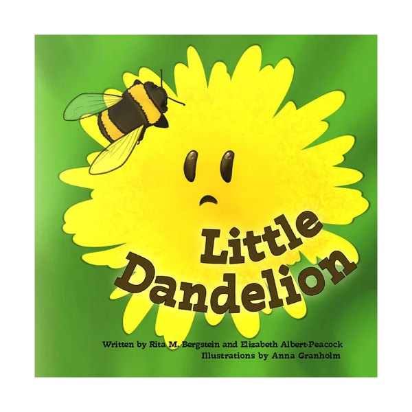 Book cover of "Little Dandelion" with illustration of a personified yellow dandelion with bumblebee. Title in bold, brown font.