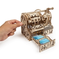 Wooden antique cash register model by UGears. Shown assembled with cash drawer open.