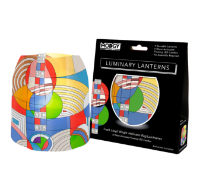 One home decor lumniary with colorful "Hoffman Rug" design by Frank Lloyd Wright. Pictured with black paper packaging.