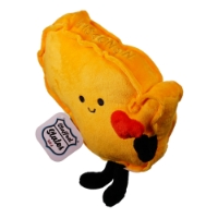 Yellow, soft plush toy in the shape of Wisconsin. Two little black legs and eyes. A short black arm holds a red heart.